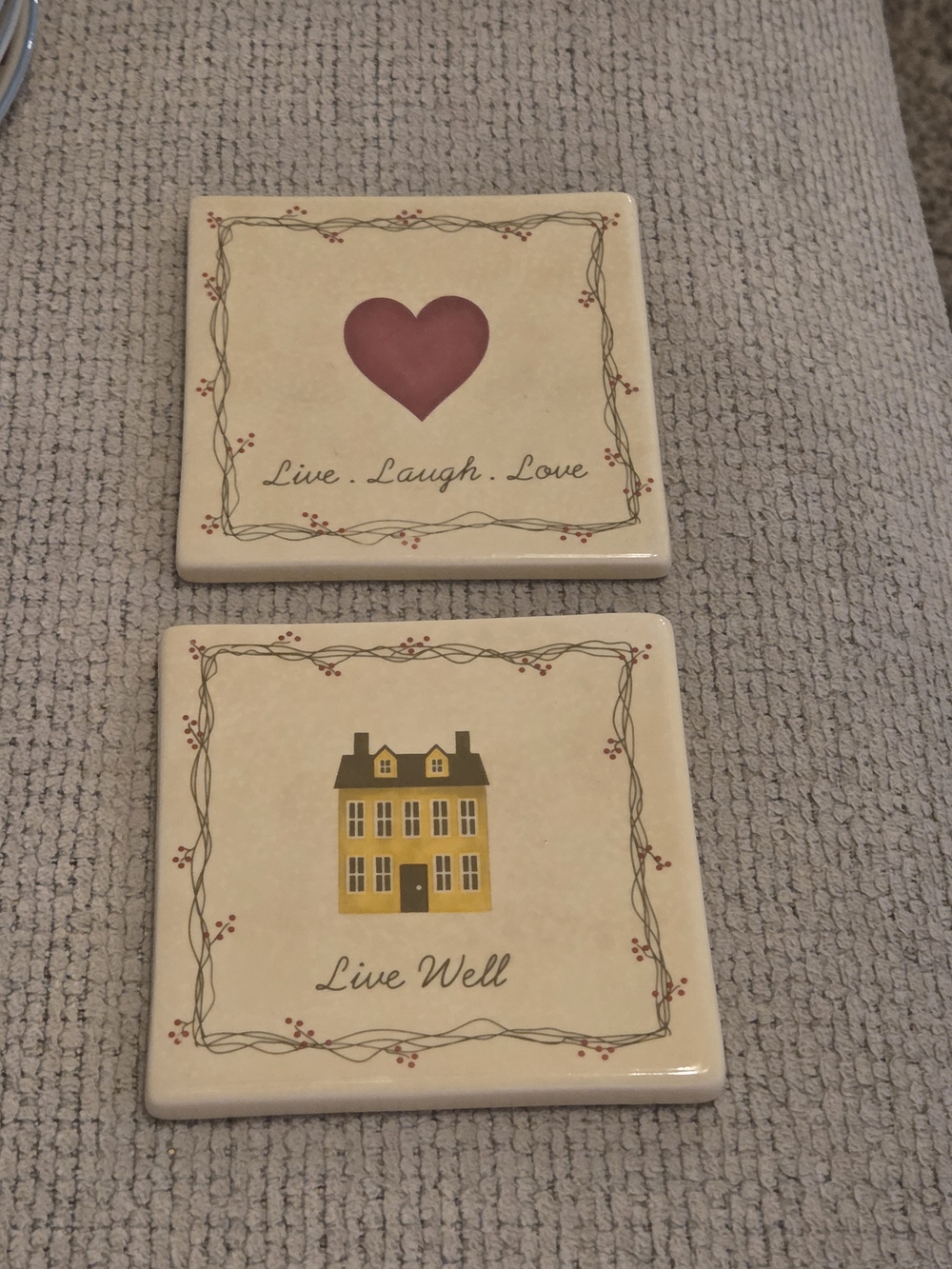 Live Laugh Love and Live Well Ceramic Wall Plaques in Cream and Burgundy
